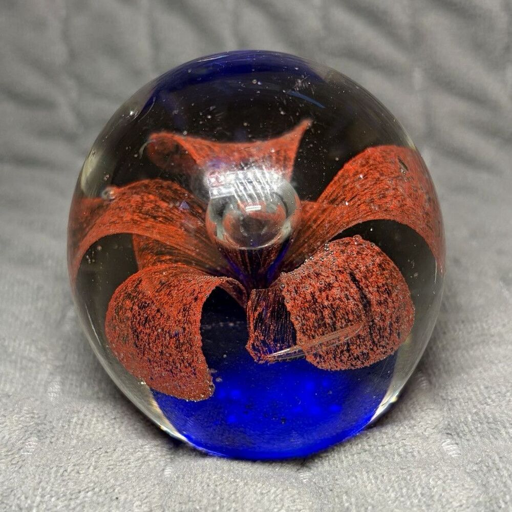 Decorative Swirl Glass Paperweight Blue Clear Orange Art Glass Paperweight